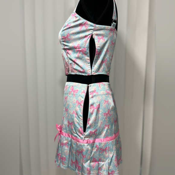 SUGAR THRILLZ No Misbehaving Bow Print Satin Mini Skirt Set Pastel Blue Pink S - Picture 3 of 15